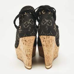 Louis Vuitton Black Monogram Denim Wedge Platform Ankle Wrap Pumps Size 36.5