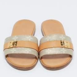 Louis Vuitton Brown/Beige Fabric and Leather Lock It Flat Sandals Size 37