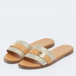 Louis Vuitton Brown/Beige Fabric and Leather Lock It Flat Sandals Size 37