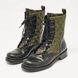 Pre Owned Louis Vuitton Black/Green Canvas and Leather Metropolis Combat Boots Size 41