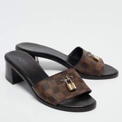 Pre Owned Louis Vuitton Brown Coated Canvas Lock It Slide Sandals Size 40
