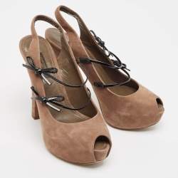 Louis Vuitton Brown Nubuck Leather Bow Detail Peep Toe Slingback Pumps Size 36 