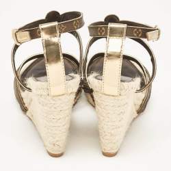 Pre Owned Louis Vuitton Gold Monogram Canvas and Leather Bahamas Wedge Sandals Size 37