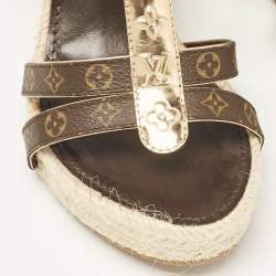 Pre Owned Louis Vuitton Gold Monogram Canvas and Leather Bahamas Wedge Sandals Size 37