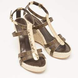 Pre Owned Louis Vuitton Gold Monogram Canvas and Leather Bahamas Wedge Sandals Size 37