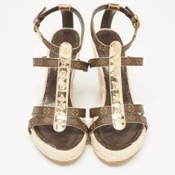 Pre Owned Louis Vuitton Gold Monogram Canvas and Leather Bahamas Wedge Sandals Size 37