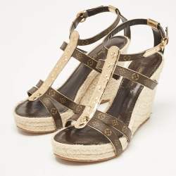 Pre Owned Louis Vuitton Gold Monogram Canvas and Leather Bahamas Wedge Sandals Size 37