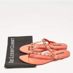Pre Owned Louis Vuitton Orange Patent Leather Studded Thong Flats Size 40