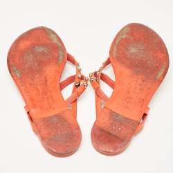 Pre Owned Louis Vuitton Orange Patent Leather Studded Thong Flats Size 40