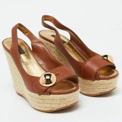 Louis Vuitton Brown Leather Espadrille Platform Wedge Slingback Sandals Size 39