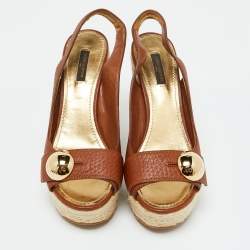 Louis Vuitton Brown Leather Espadrille Platform Wedge Slingback Sandals Size 39