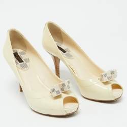 Louis Vuitton Cream Patent Leather and Damier Azur Canvas Peep Toe Pumps Size 38.5