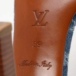 Pre Owned Louis Vuitton Blue Monogram Denim and Leather Ankle Strap Sandals Size 39