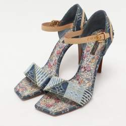 Pre Owned Louis Vuitton Blue Monogram Denim and Leather Ankle Strap Sandals Size 39