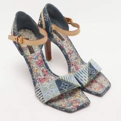 Pre Owned Louis Vuitton Blue Monogram Denim and Leather Ankle Strap Sandals Size 39