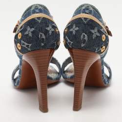Pre Owned Louis Vuitton Blue Monogram Denim and Leather Ankle Strap Sandals Size 39