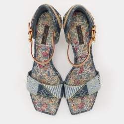 Pre Owned Louis Vuitton Blue Monogram Denim and Leather Ankle Strap Sandals Size 39