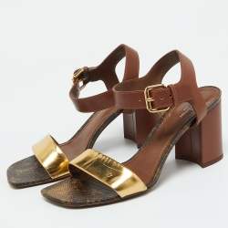 Louis Vuitton Brown/Gold Leather Bloom Ankle Strap Sandals Size 39