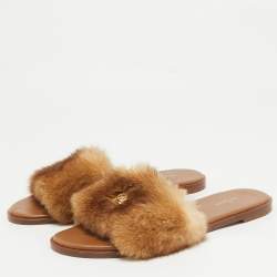 Pre Owned Louis Vuitton Brown/Beige Mink Fur Lock It Flat Slides Size 40