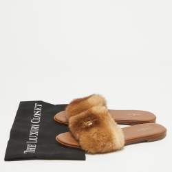 Pre Owned Louis Vuitton Brown/Beige Mink Fur Lock It Flat Slides Size 40