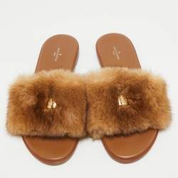 Pre Owned Louis Vuitton Brown/Beige Mink Fur Lock It Flat Slides Size 40
