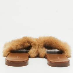 Pre Owned Louis Vuitton Brown/Beige Mink Fur Lock It Flat Slides Size 40