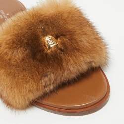 Pre Owned Louis Vuitton Brown/Beige Mink Fur Lock It Flat Slides Size 40