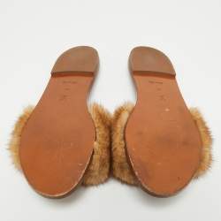 Pre Owned Louis Vuitton Brown/Beige Mink Fur Lock It Flat Slides Size 40