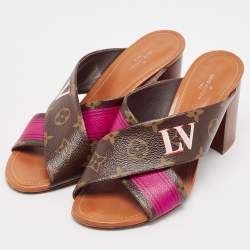 Pre Owned Louis Vuitton Brown/Pink Canvas Panorama Slide Sandals Size 38.5