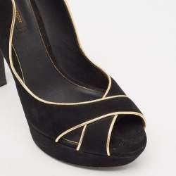Pre Owned Louis Vuitton Black/Gold Suede Crisscross Peep Toe Pump Size 37.5