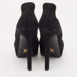 Pre Owned Louis Vuitton Black/Gold Suede Crisscross Peep Toe Pump Size 37.5