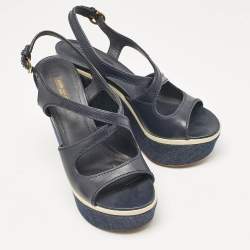Louis Vuitton Navy Blue Canvas and Denim Wedge Sandals Size 38