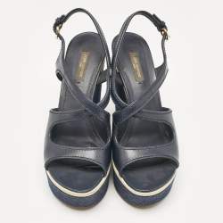 Louis Vuitton Navy Blue Canvas and Denim Wedge Sandals Size 38