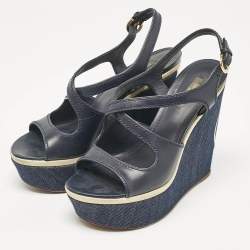 Louis Vuitton Navy Blue Canvas and Denim Wedge Sandals Size 38