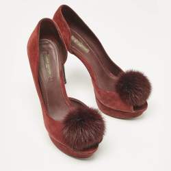 Louis Vuitton Burgundy Suede and Mink Fur D'orsay Platform Pumps Size 37.5