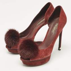 Louis Vuitton Burgundy Suede and Mink Fur D'orsay Platform Pumps Size 37.5