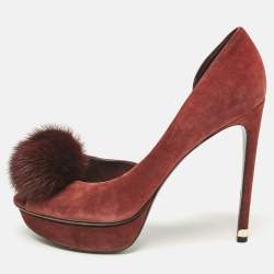 Louis Vuitton Burgundy Suede and Mink Fur D'orsay Platform Pumps Size 37.5