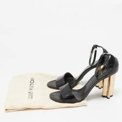 Louis Vuitton Black Patent Leather Flower Heel Ankle Strap Sandals Size 39