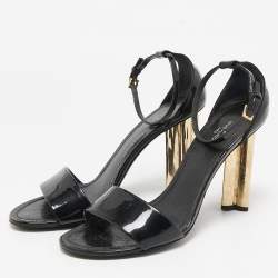 Louis Vuitton Black Patent Leather Flower Heel Ankle Strap Sandals Size 39