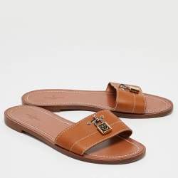 Louis Vuitton Brown Leather Lock It Flat Slides Size 38