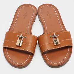 Louis Vuitton Brown Leather Lock It Flat Slides Size 38