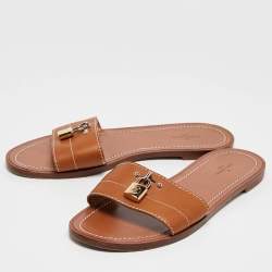 Louis Vuitton Brown Leather Lock It Flat Slides Size 38