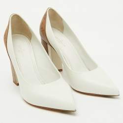 Pre Owned Louis Vuitton White/Brown Leather and Monogram Canvas Matchmake Pumps Size 37
