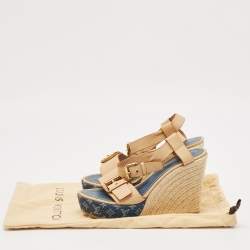مملوكة مسبقًا Louis Vuitton Brown Denim and Leather Wedge Sandals Size 38