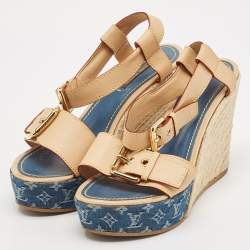 مملوكة مسبقًا Louis Vuitton Brown Denim and Leather Wedge Sandals Size 38