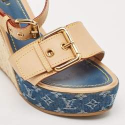 مملوكة مسبقًا Louis Vuitton Brown Denim and Leather Wedge Sandals Size 38