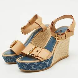 مملوكة مسبقًا Louis Vuitton Beige/Blue Leather and Monogram Denim Espadrille Wedge Sandals Size 36.5