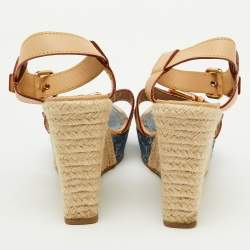 مملوكة مسبقًا Louis Vuitton Beige/Blue Leather and Monogram Denim Espadrille Wedge Sandals Size 36.5