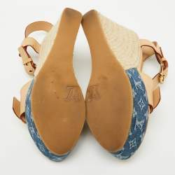 مملوكة مسبقًا Louis Vuitton Beige/Blue Leather and Monogram Denim Espadrille Wedge Sandals Size 36.5