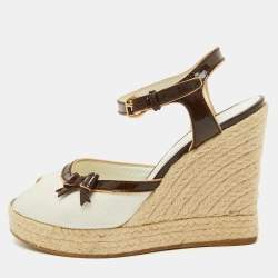Louis Vuitton White/Brown Canvas and Patent Leather Espadrille Wedge Sandals Size 36.5